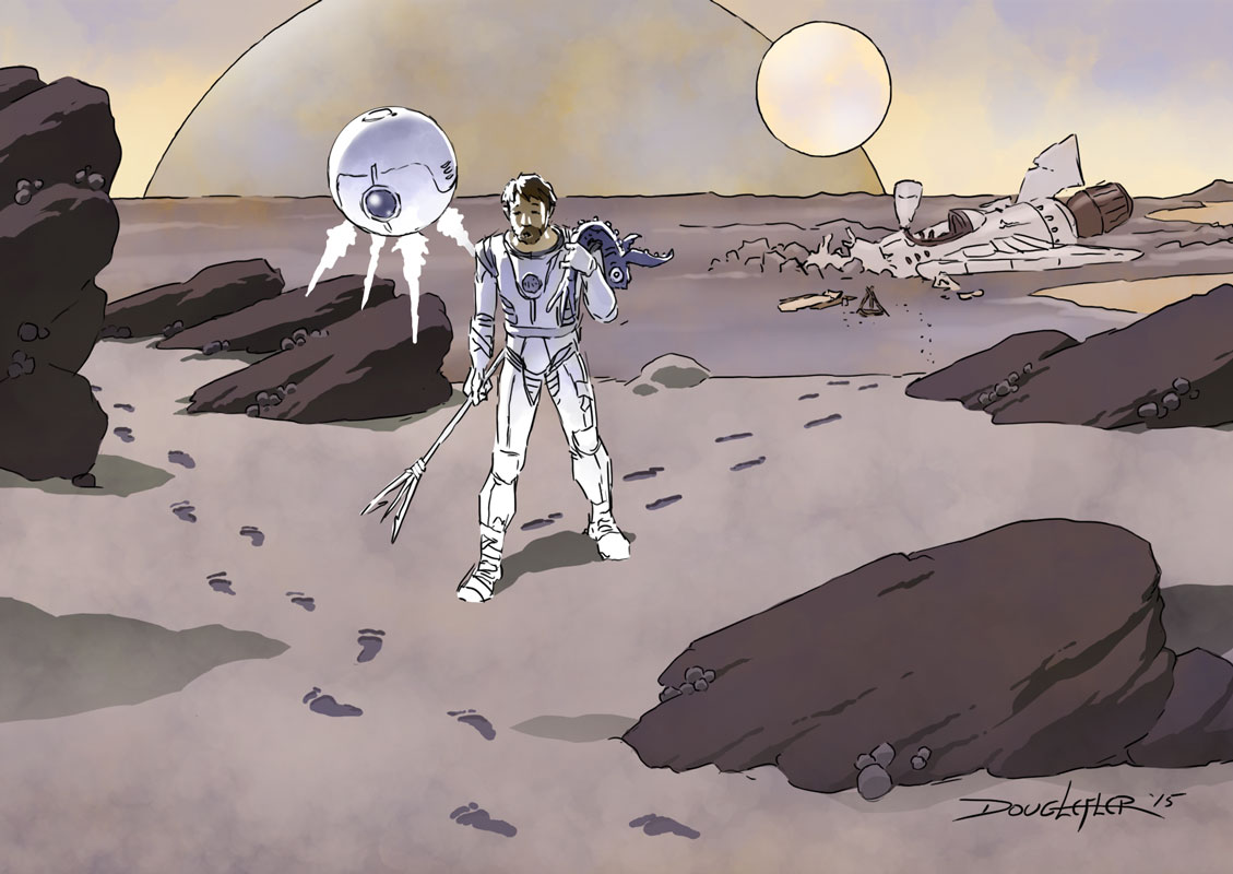 spaceman on alien planet sees footprints
