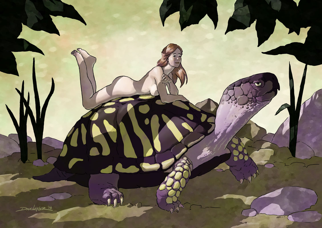 Girl on a tortoise.