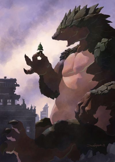 Giant monster with Christmas tree