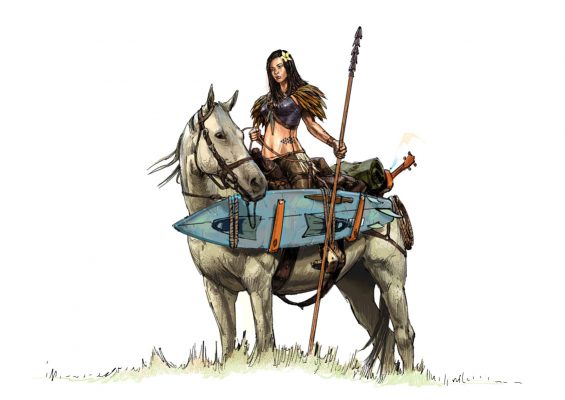 Lana on horseback with surfboard