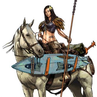 Lana on horseback with surfboard