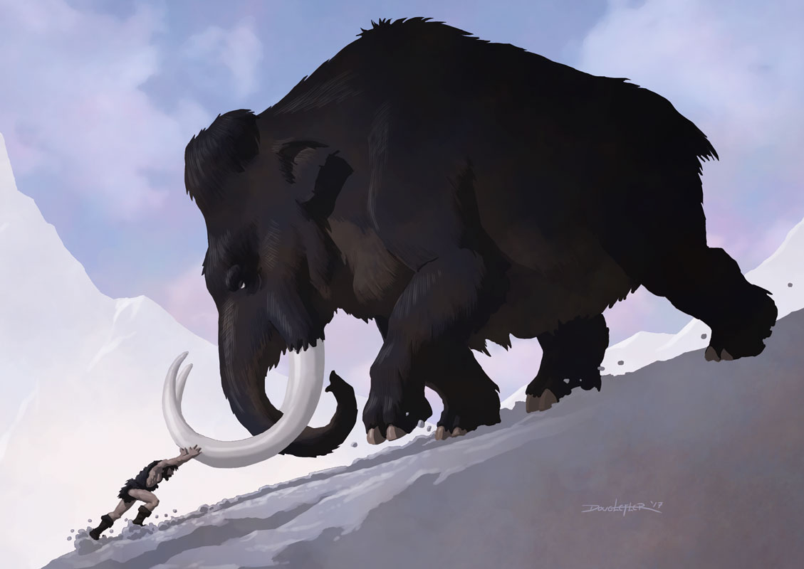 Caveman tries to push Mammoth uphill