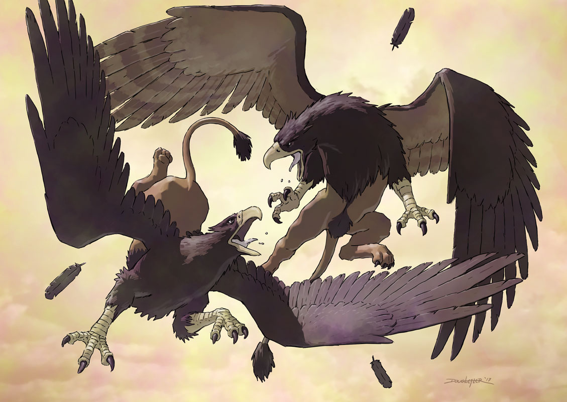 Two griffins in aerial combat
