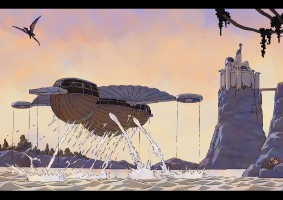 The airship rises from the water.